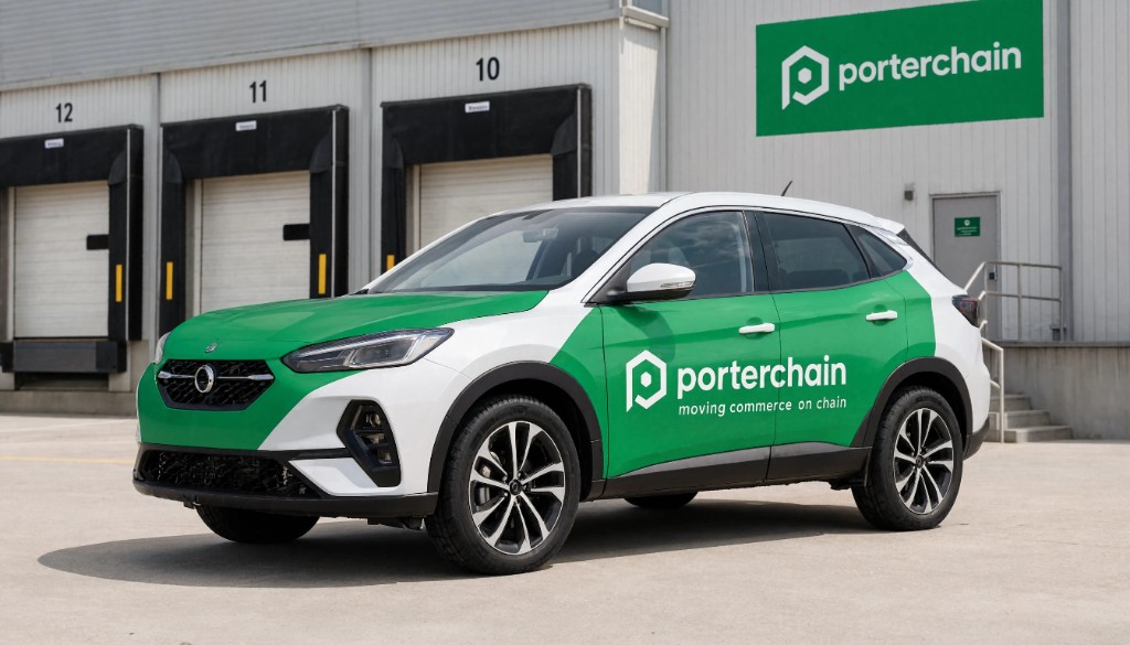 PorterChain branded SUV for multi-stop delivery — moving commerce on chain