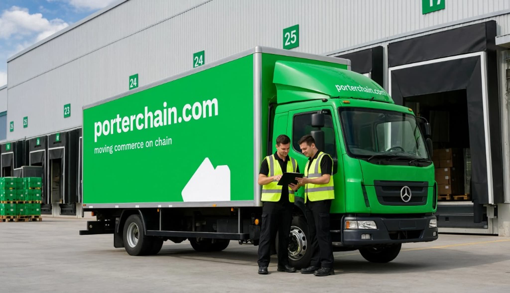 Porterchain drivers reviewing a delivery clipboard beside a branded truck at the warehouse dock
