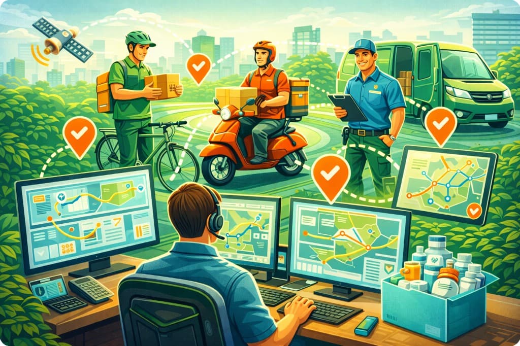 Routing and dispatch: control center, route maps, and delivery personnel