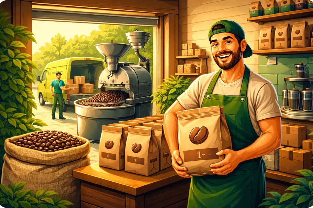Coffee roasting and local delivery: barista with coffee bags, roasting machine, and delivery van being loaded