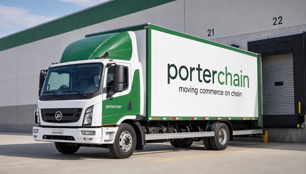 PorterChain branded box truck at warehouse docks — moving commerce on chain