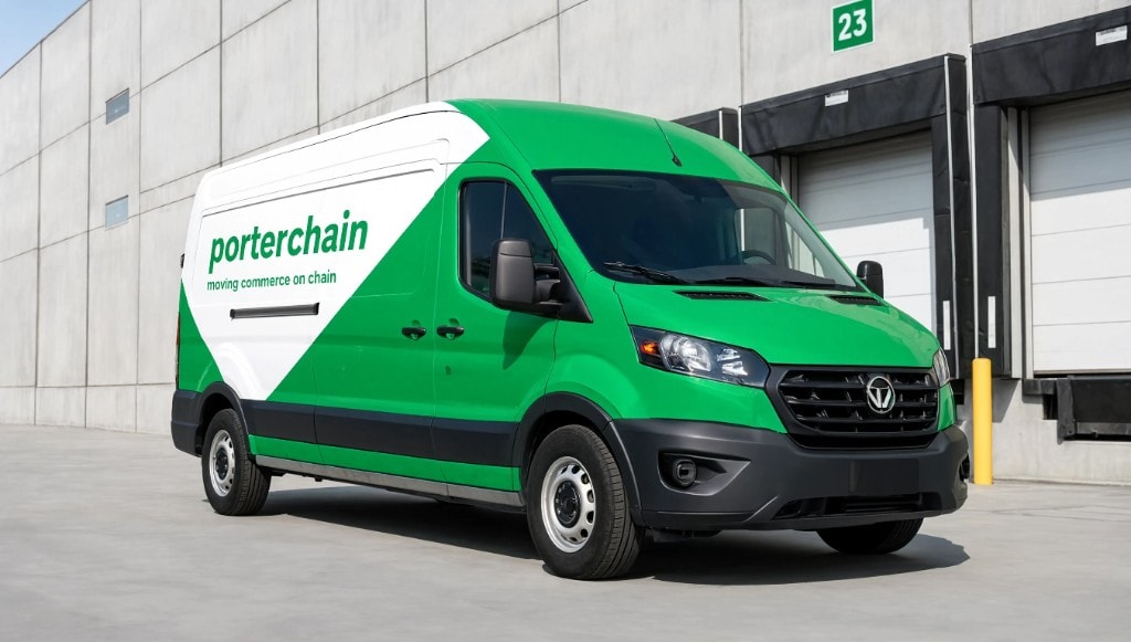 PorterChain branded cargo van at a GTA warehouse — moving commerce on chain