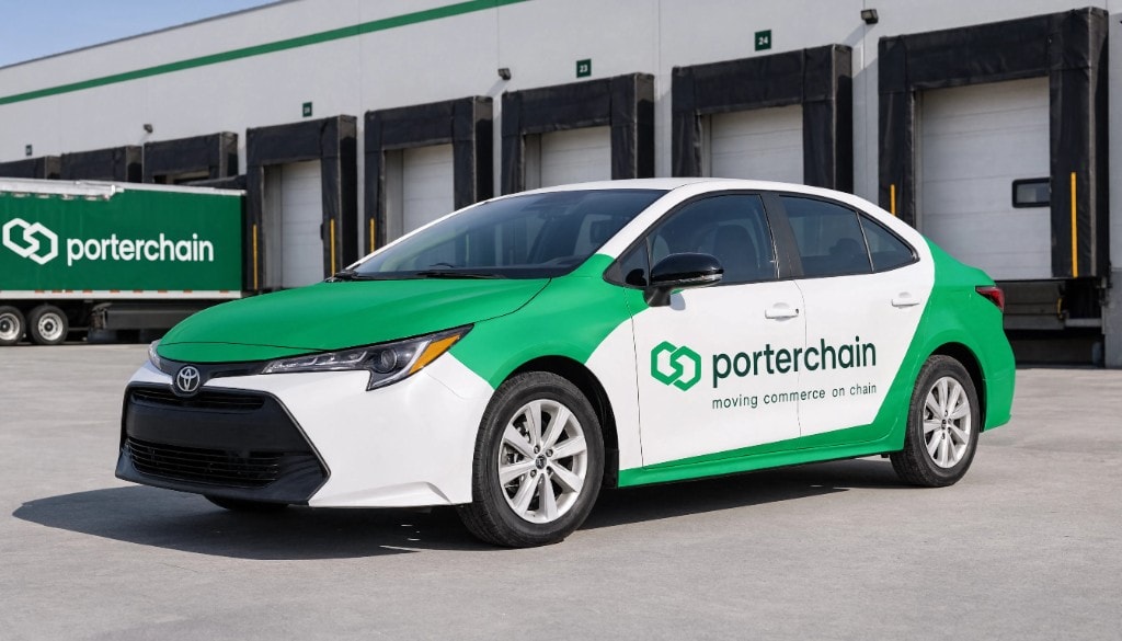 PorterChain branded sedan at a GTA warehouse — moving commerce on chain