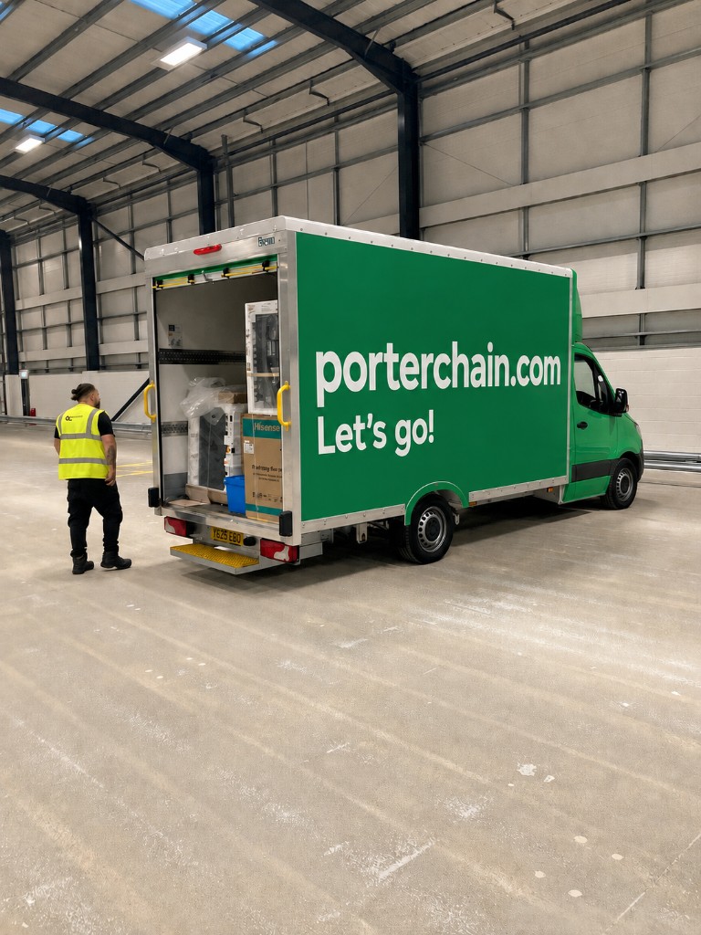 Porterchain branded delivery truck loading e-commerce parcels in a warehouse