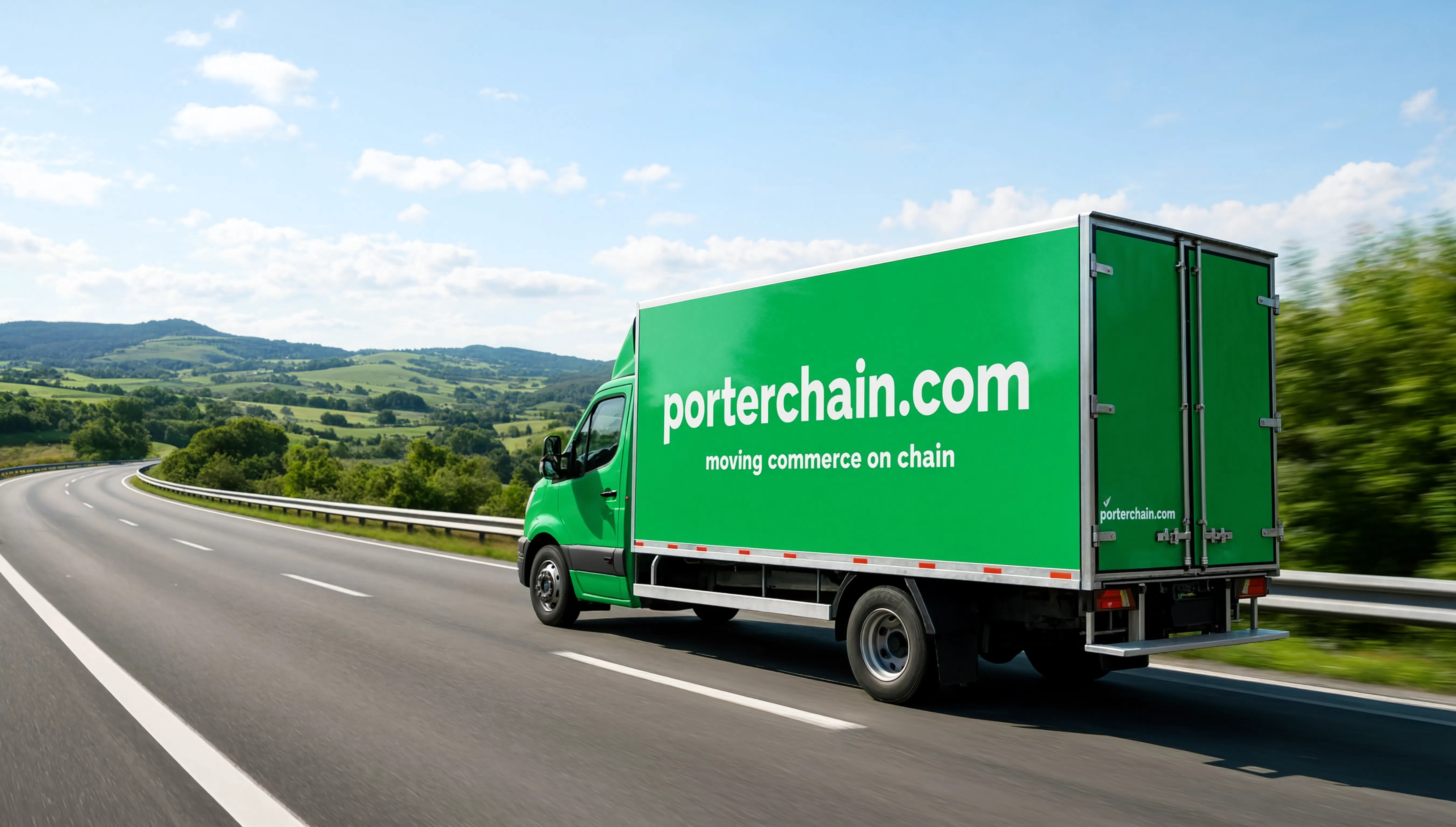 Porterchain green box truck on the open highway — moving commerce on chain