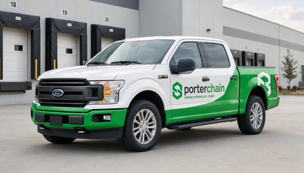 PorterChain branded pickup truck for jobsite and local freight — moving commerce on chain