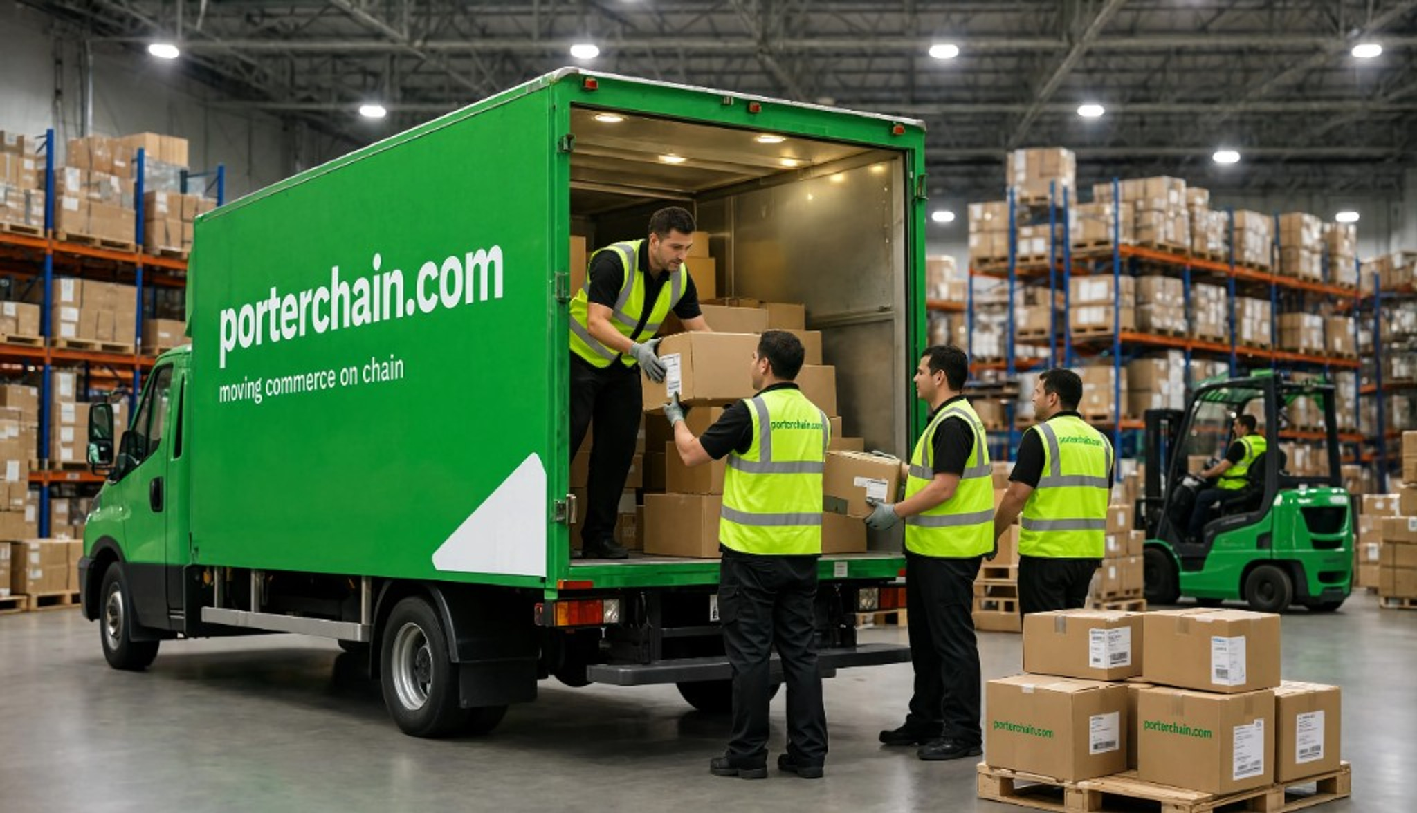 Porterchain team loading boxes into a branded green truck inside the warehouse